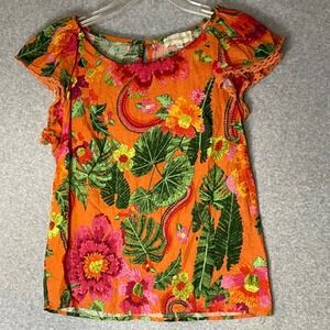 Cynthia Rowley Floral Top‎ Linen Rayon Flutter Sleeve Womens Small Orange